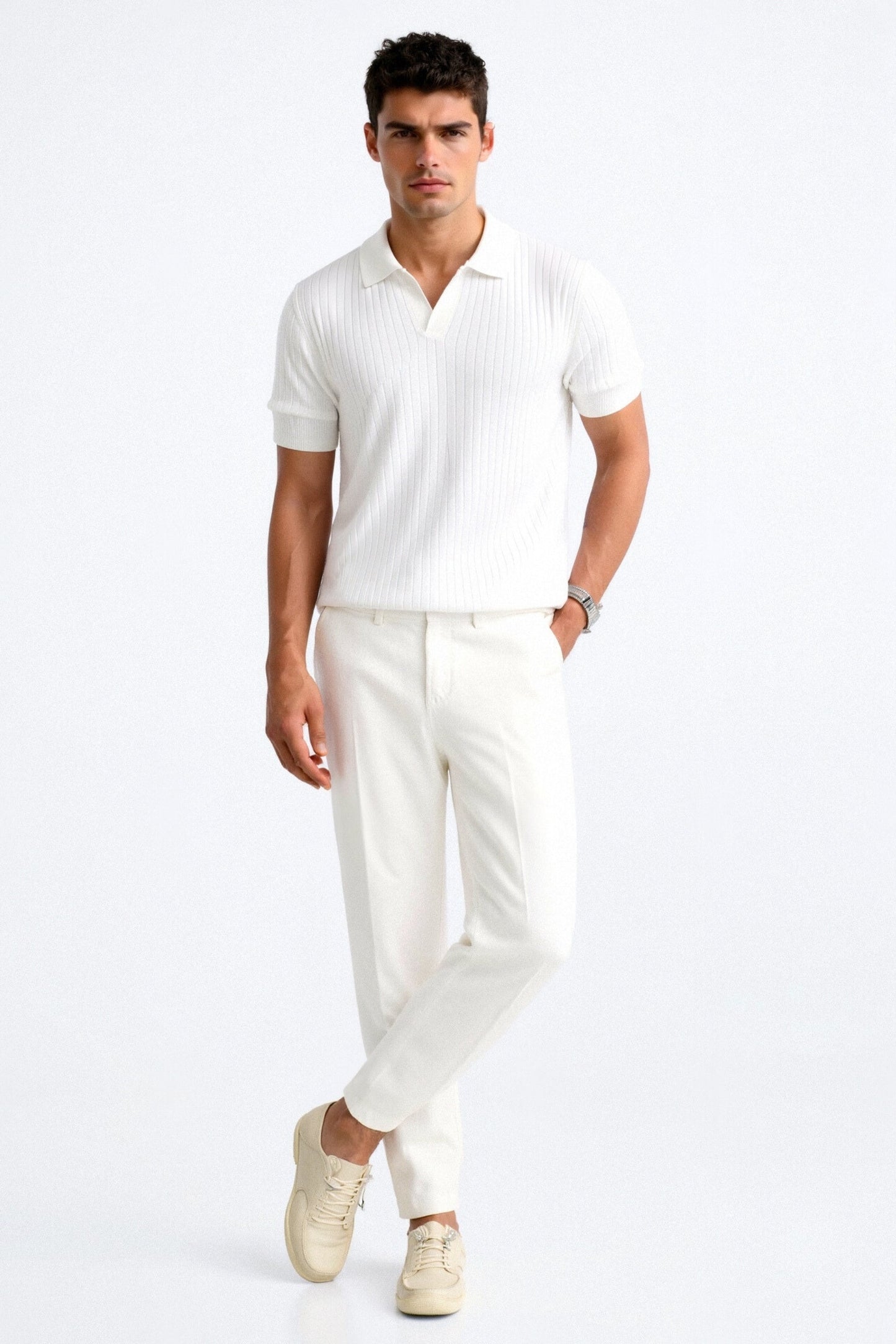 Herren Poloshirt Kurzärmelig Gerippt Elegant Weiß