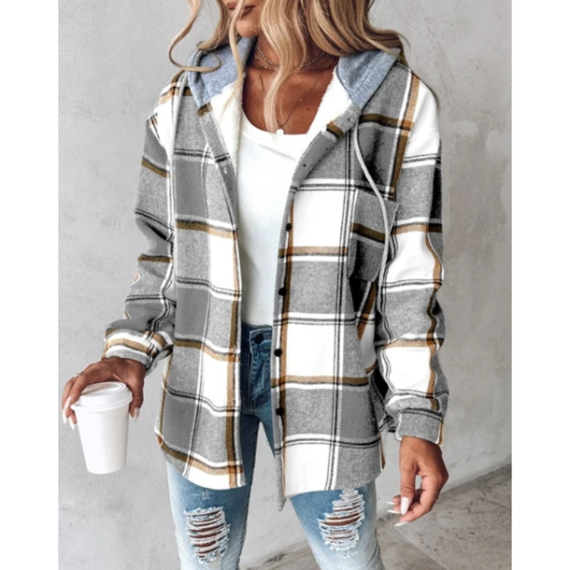 Eveloria Damen Hoodie Kariert Mit Knopfverschluss
