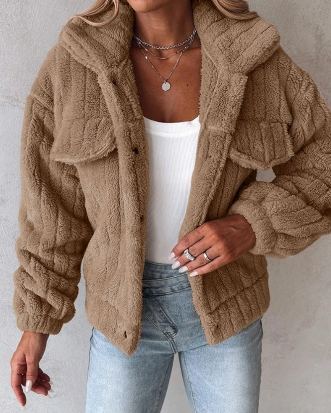 Damen Teddyjacke Kurz Reverskragen Kuschelig Braun