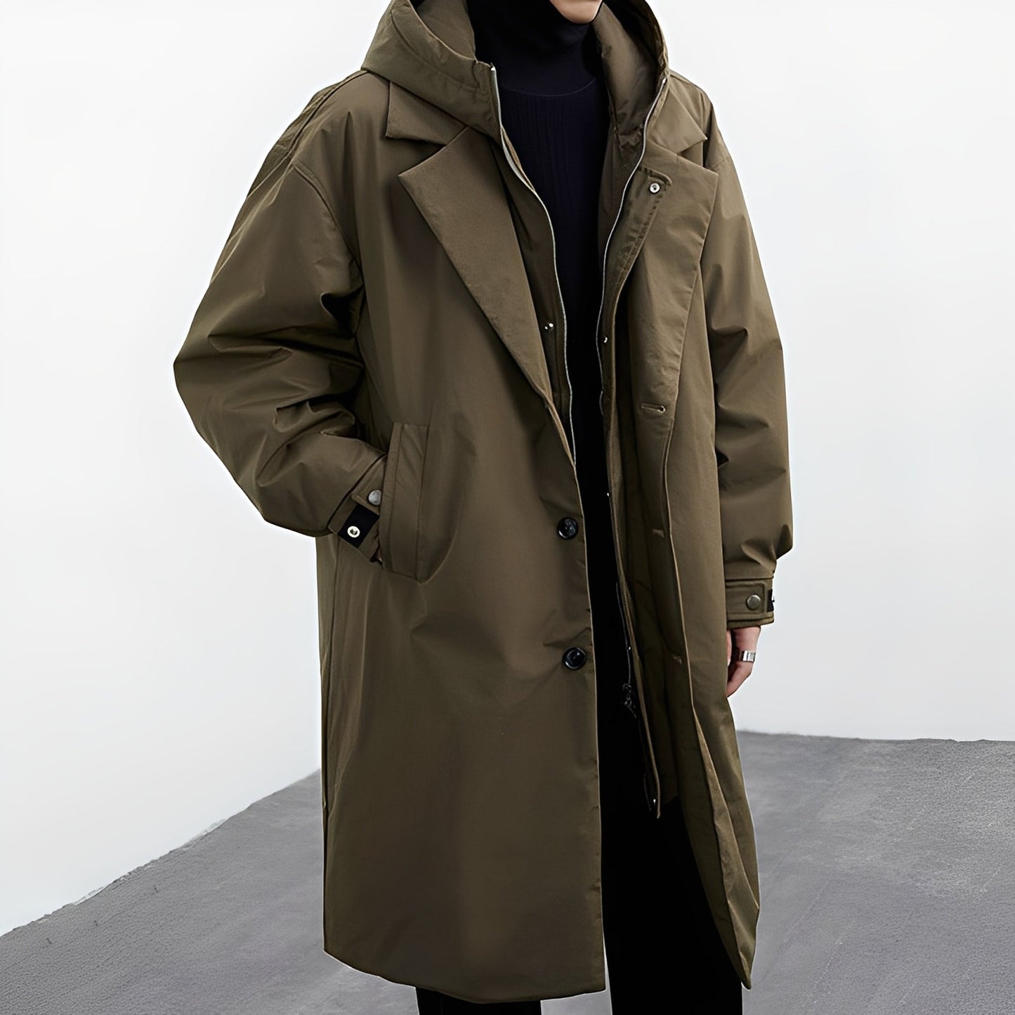 Herren Trenchcoat Lang Kapuze Wasserdicht