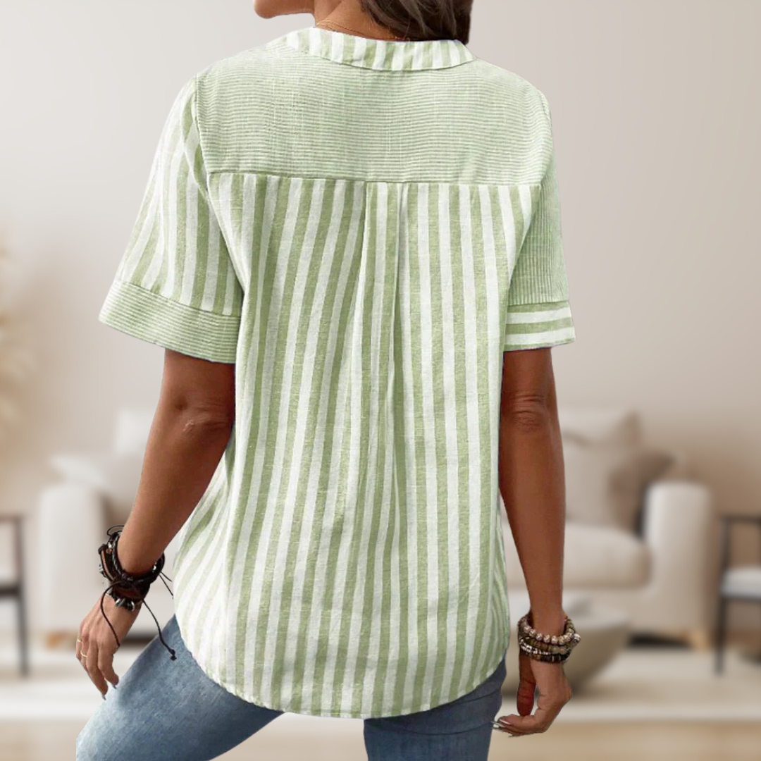 Damen Streifenbluse V-Ausschnitt Knopfdetails Elegante Weiß