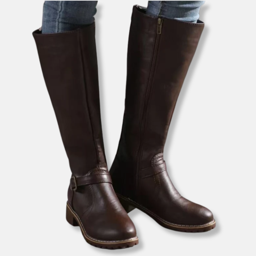 Damen Stiefel Kunstleder Kniefester Schaft Abgerundete Spitze