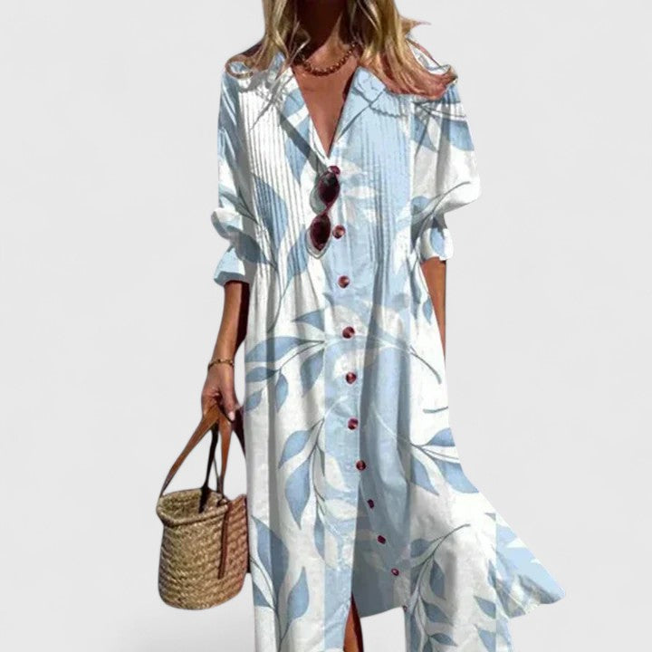 Damen Midi Kleid mit Blumenmuster und Knopfleiste Vorne - Eveloria