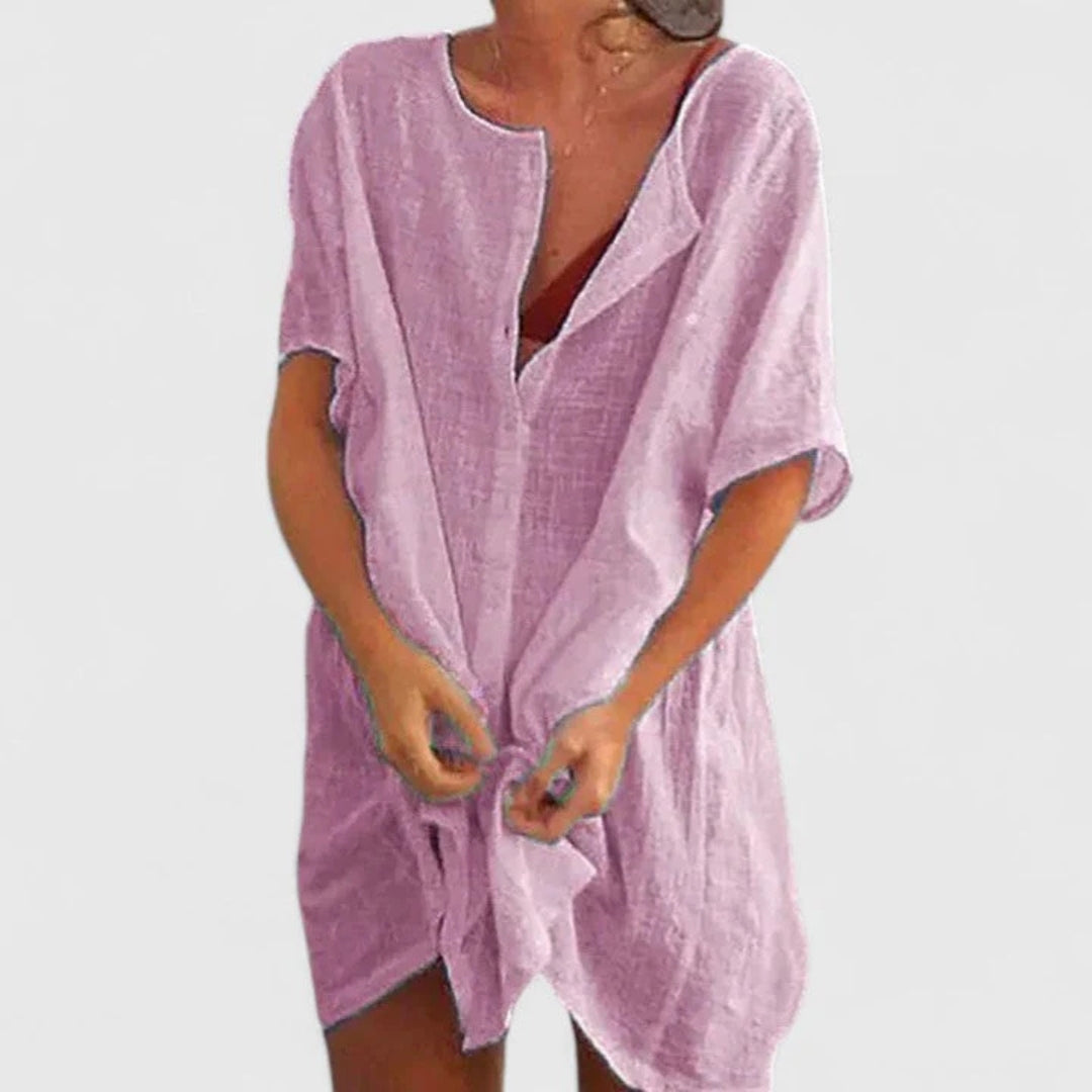 Damen Strandkleid Leichtes Überwurfkleid mit Knopfleiste Beige