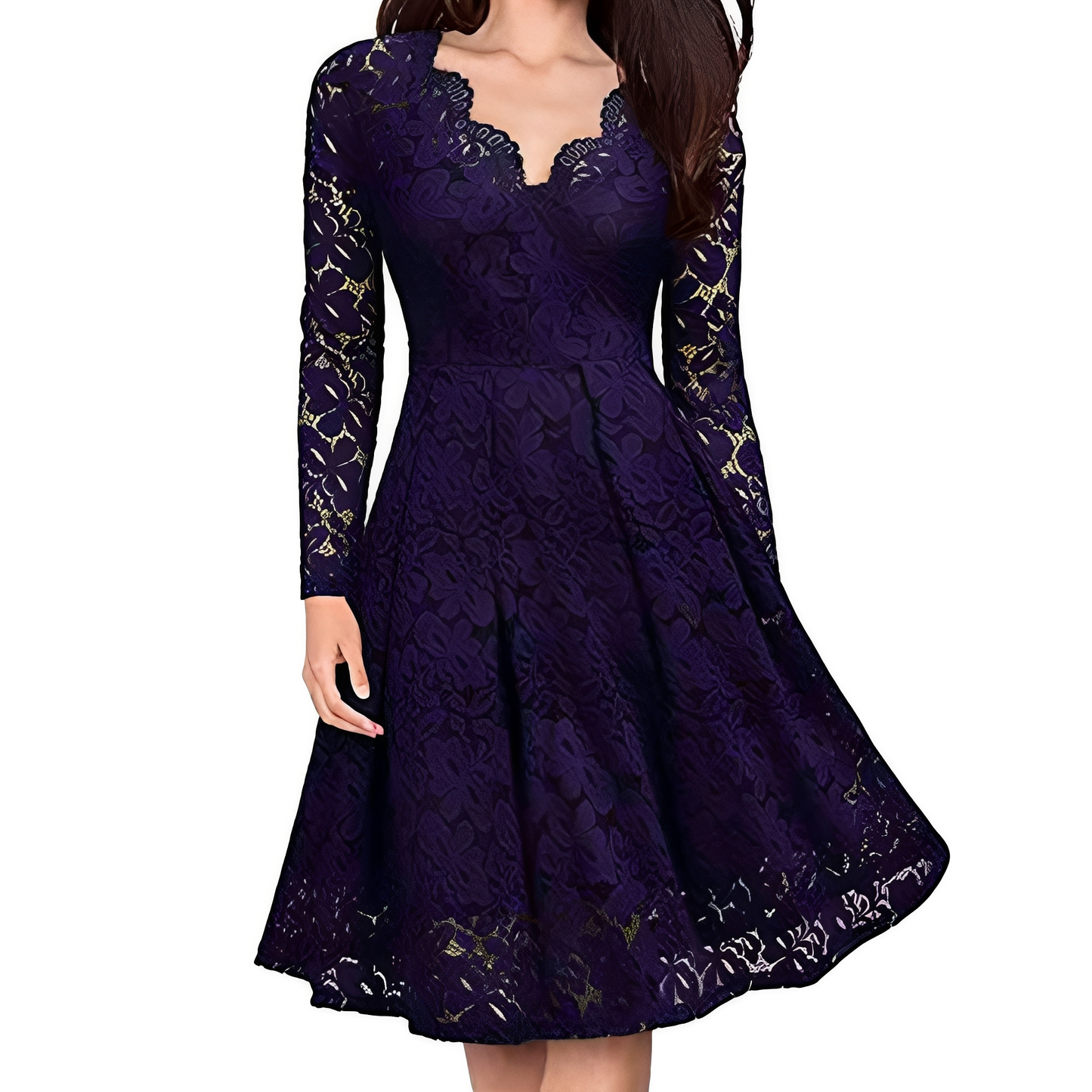 Damen Eleganzkleid V-Ausschnitt Länge Knie Langärmlig