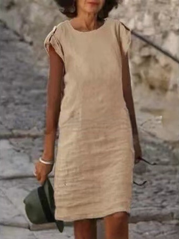 Damen Midikleid Baumwolle Ärmellos Rundausschnitt