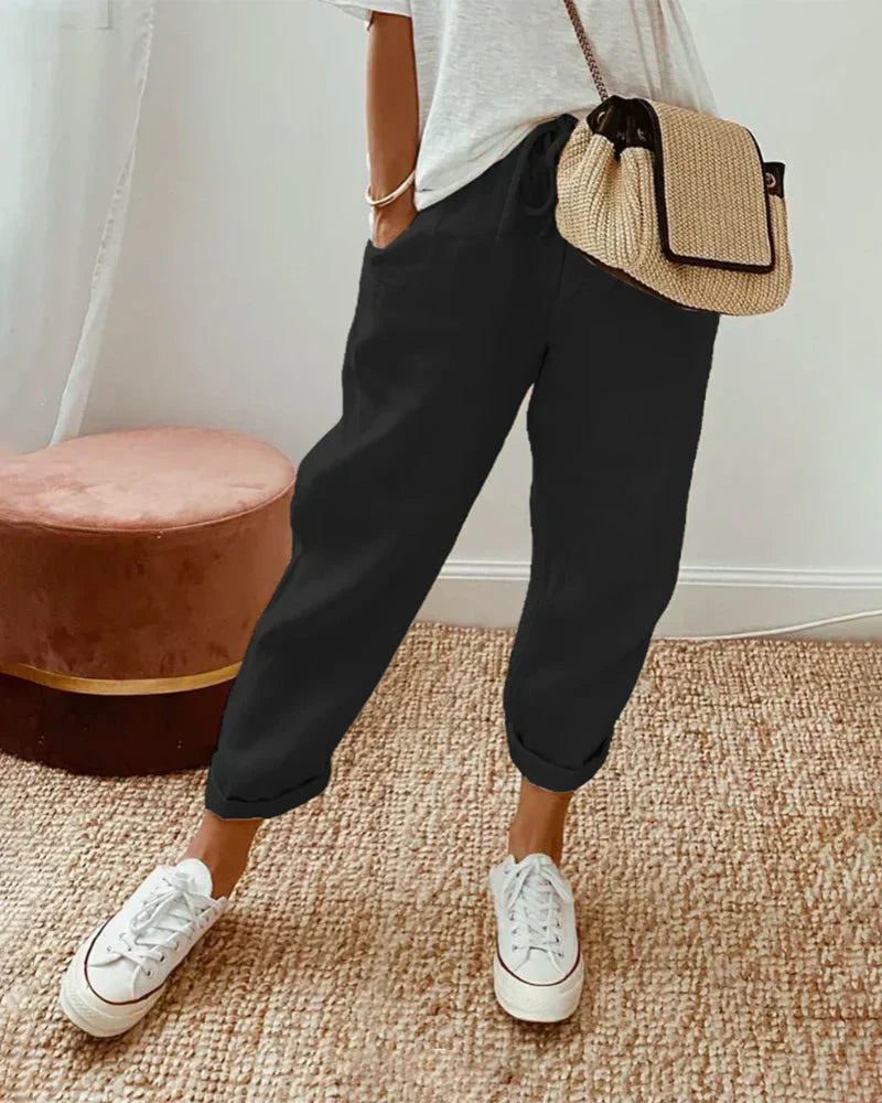 Damen Leinenhose Lockere Passform Beige Kordelzug