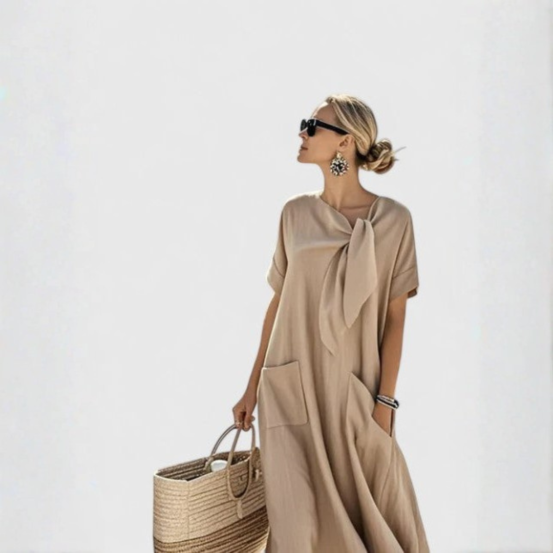 Elisa Damen Midi Kleid mit Bindekragen und Taschen Leicht Lockeres