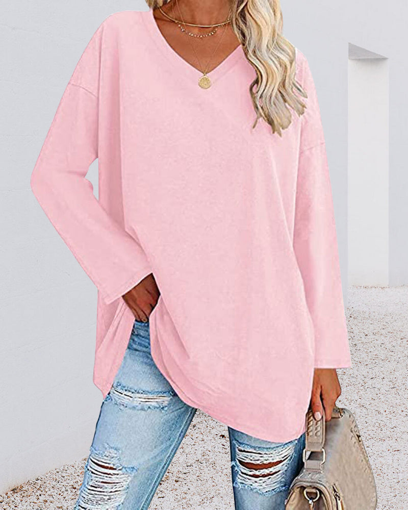 Eveloria Damen Langarm T-Shirt V-Ausschnitt Einfarbig