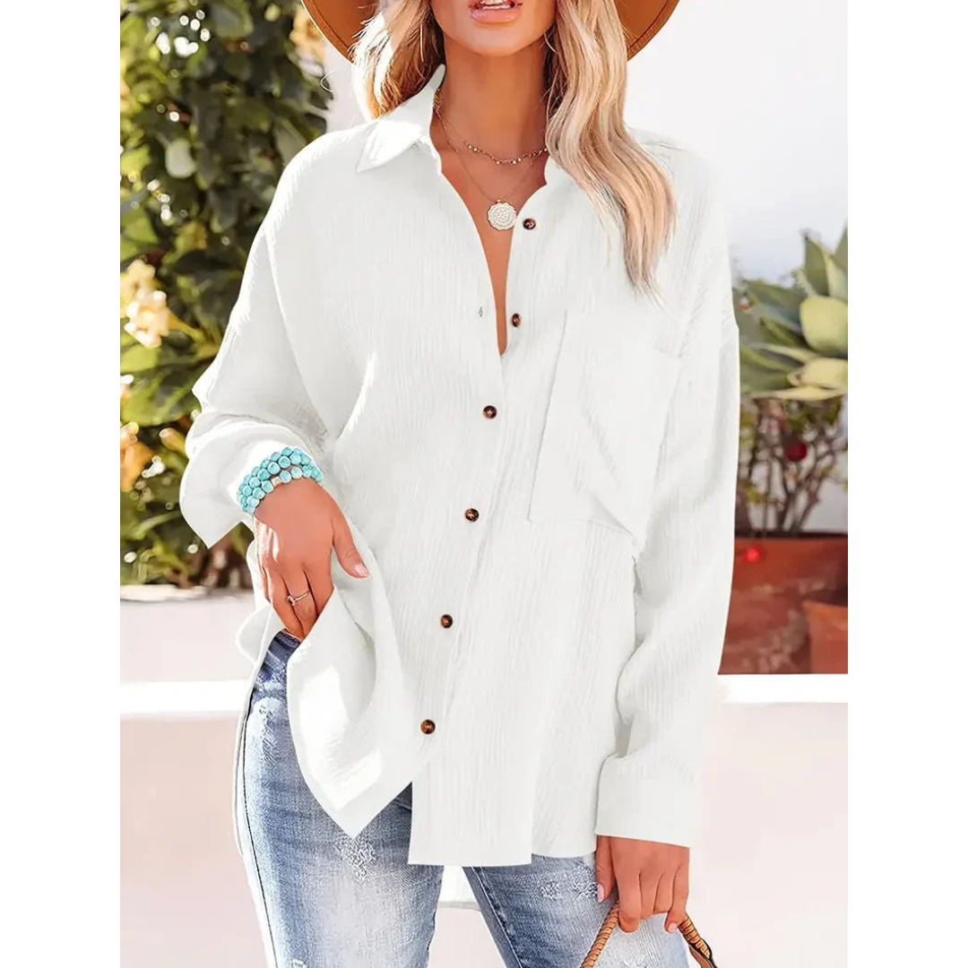 Damen Bluse Unifarbe Knopfleiste Hemdkragen Elegante Langarmbluse