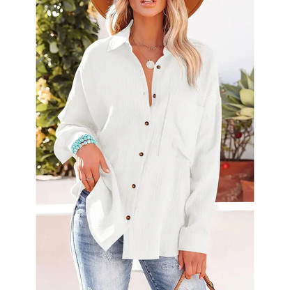 Damen Bluse Unifarbe Knopfleiste Hemdkragen Elegante Langarmbluse
