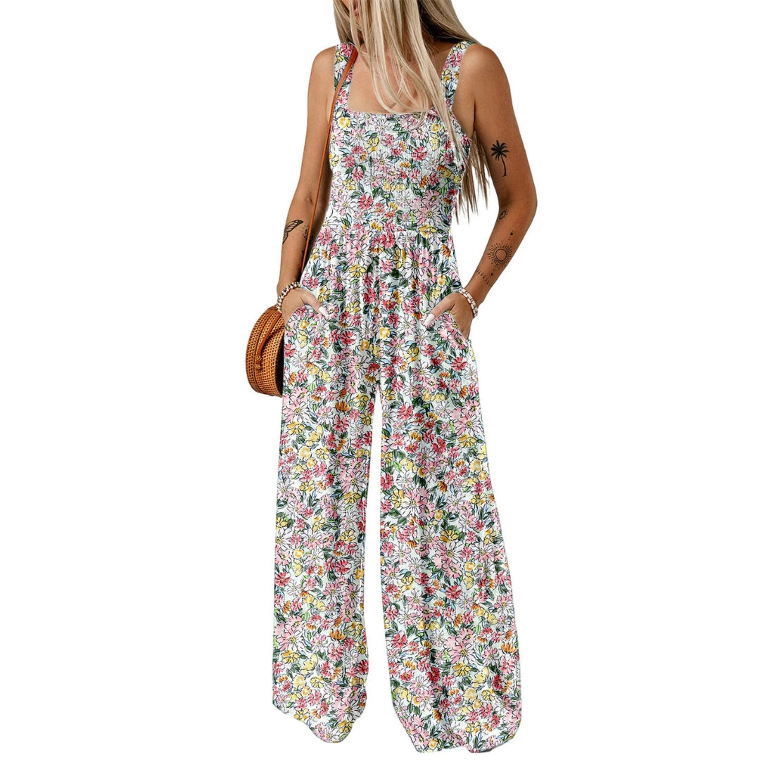 Damen Jumpsuit Blumenmuster Weites Bein Elegante Farbe