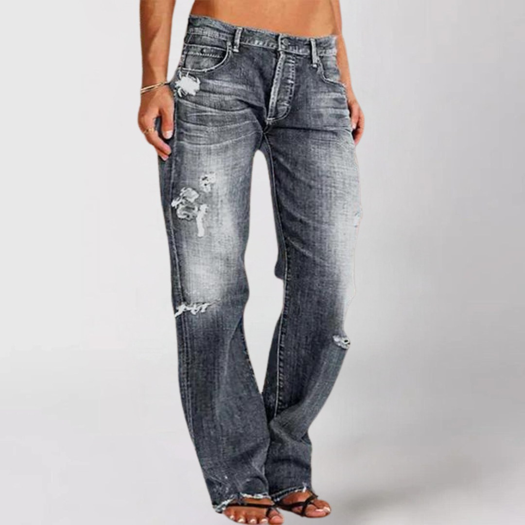 Damen High-Waist Straight Jeans Destroyed dunkelblau