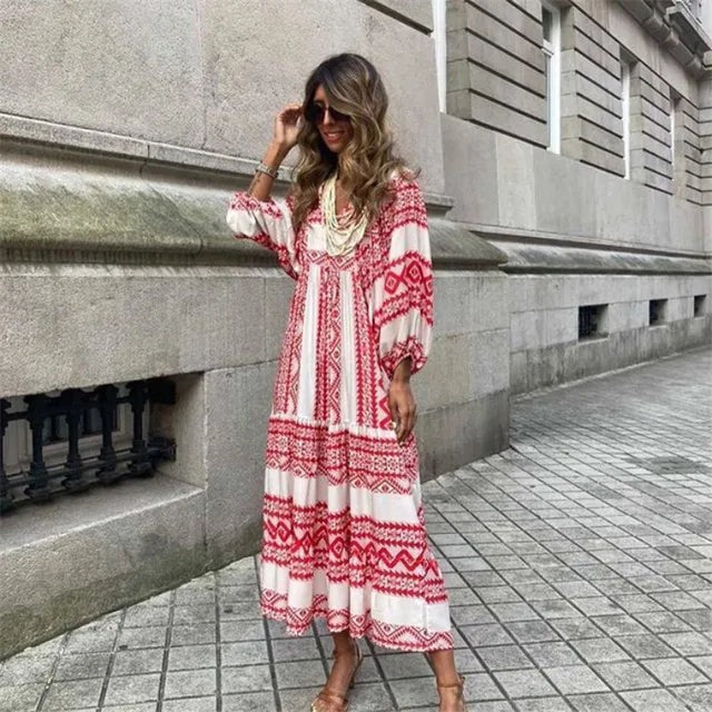 Damen Maxi Kleid Blumenprint V-Ausschnitt Halbarm Ibiza Look