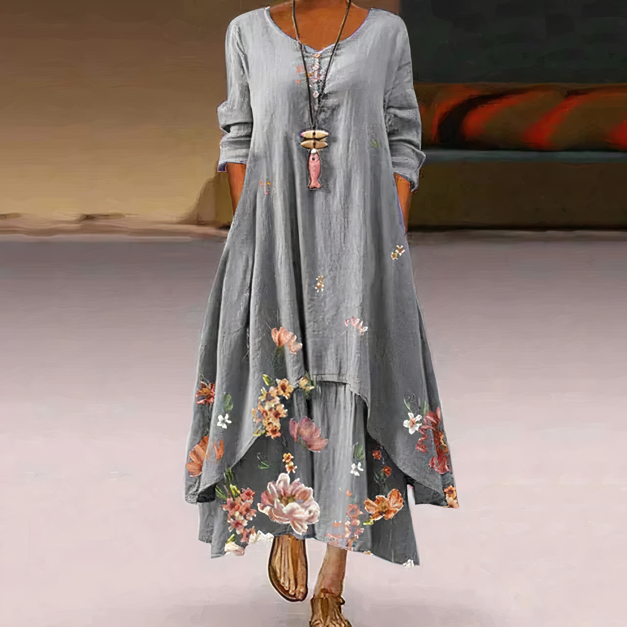 Damen Baumwollkleid Atmungsaktiv Beige