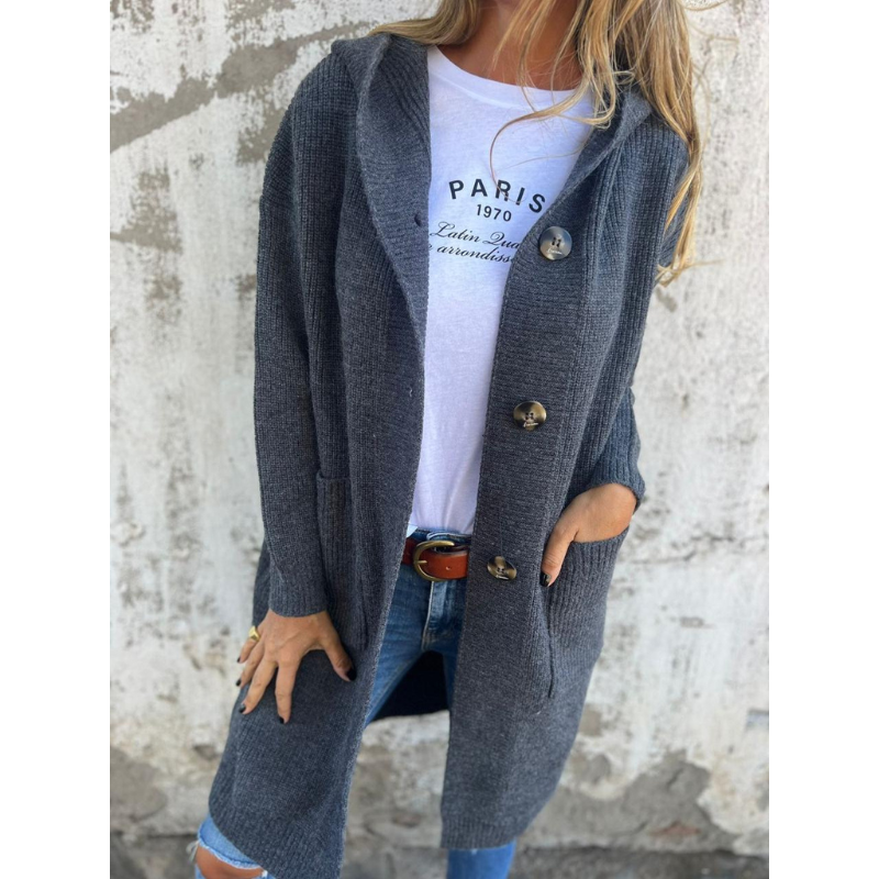 Damen Cardigan Lang Mit Kapuze Große Knöpfe