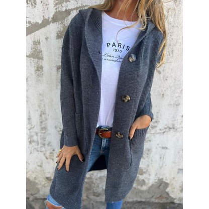 Damen Cardigan Lang Mit Kapuze Große Knöpfe