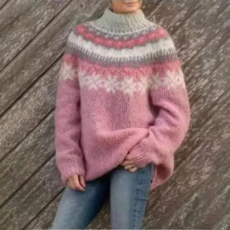 Aubryna Damen Grobstrickpullover Norwegermuster Tribal Look