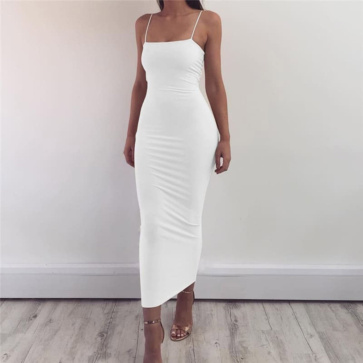 Eveloria Damen Bodycon Kleid Spaghettiträger Midi Länge Elegant