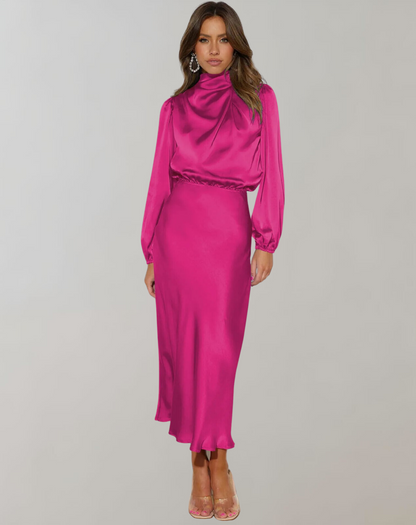 Eveloria Damen Satin Kleid Langärmlig