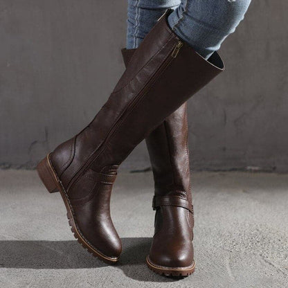 Damen Kniehohe Stiefel Blockabsatz Rundzehen Leder