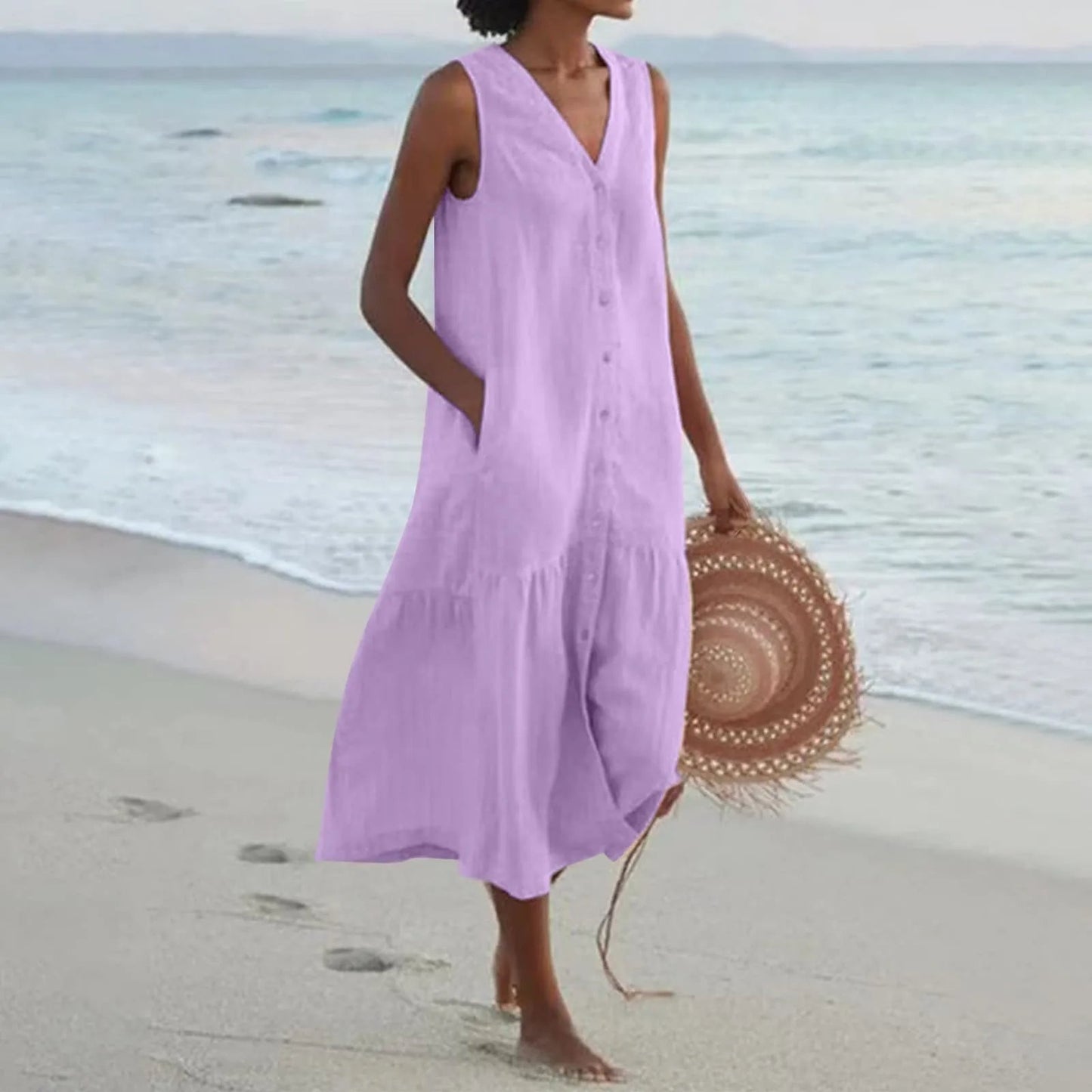 Damen Ärmelloses Strandkleid V-Ausschnitt Midi