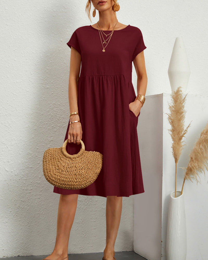 Damen Sommerkleid Uni-Farben Rundhalsausschnitt Kurzarm Midi-Länge