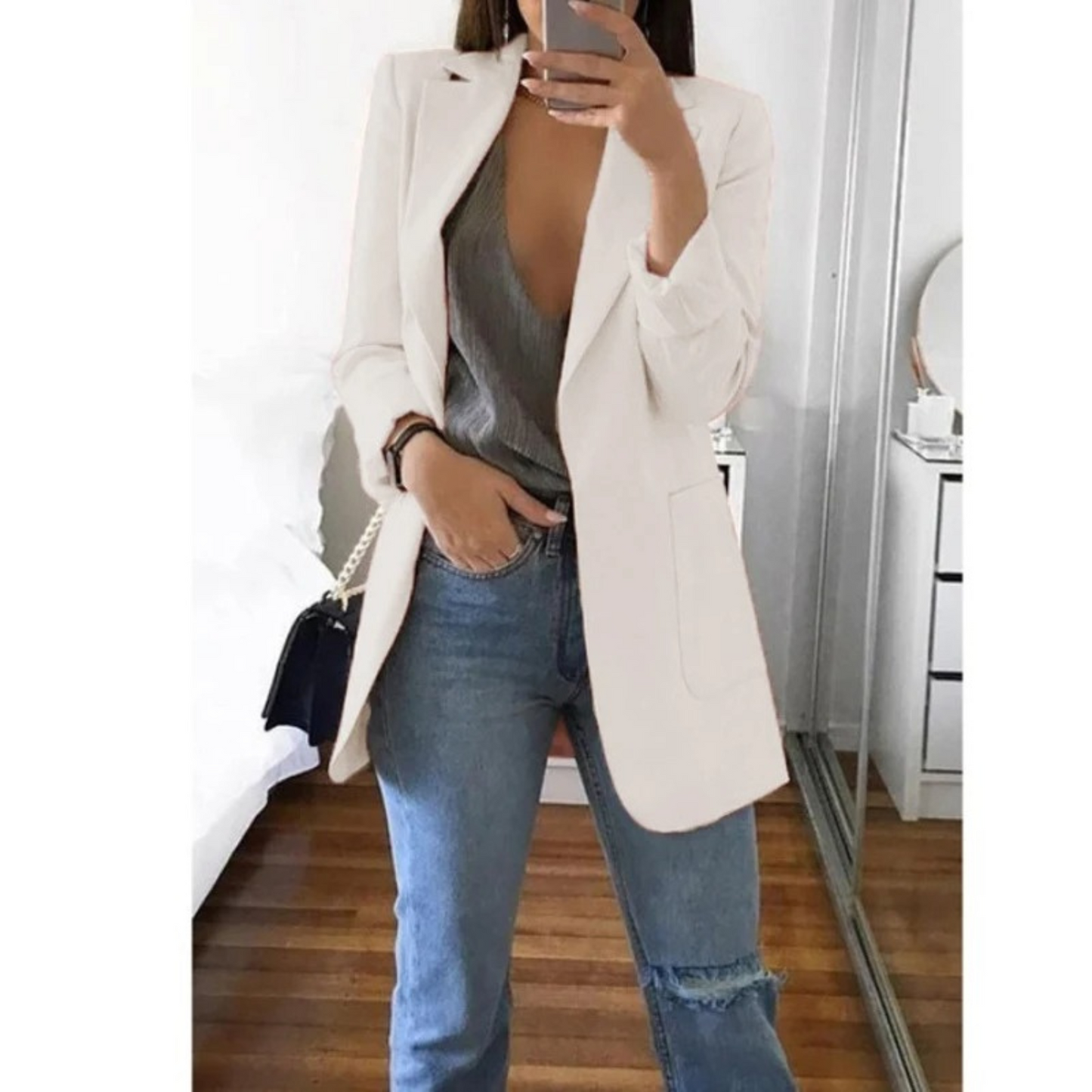 Damen Doppelreihiger Blazer Bürooutfit mit Druck