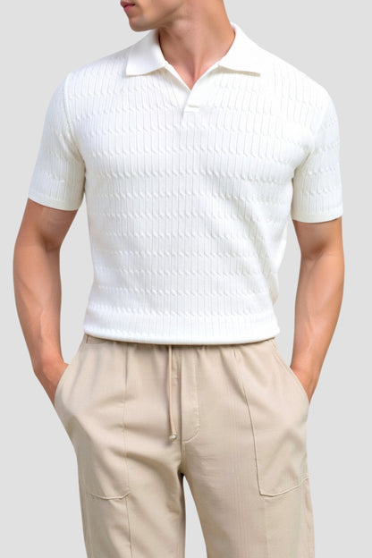 Weißes Herren Poloshirt Strick Strukturmuster