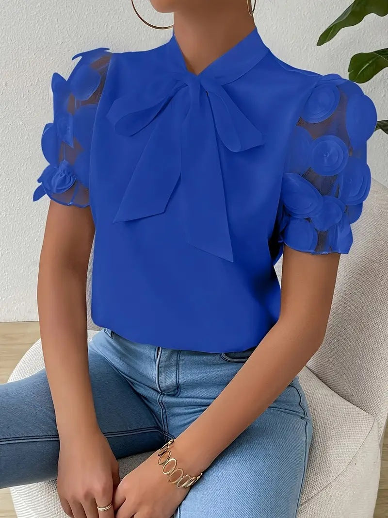 Damen Elegante Bluse Schleifendetail Transparente Ärmel