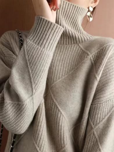 Eveloria Damen Rollkragenpullover 3D Rhombus Muster