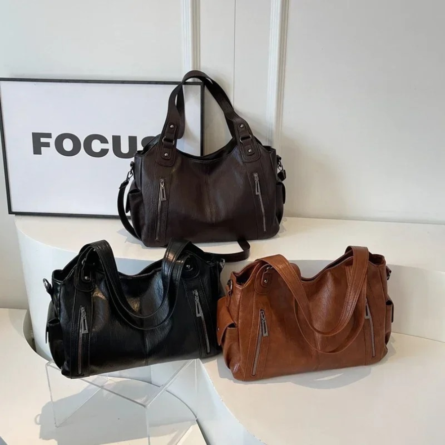 Damen Handtasche Groß Schultergurt Leder Schwarz - Eveloria