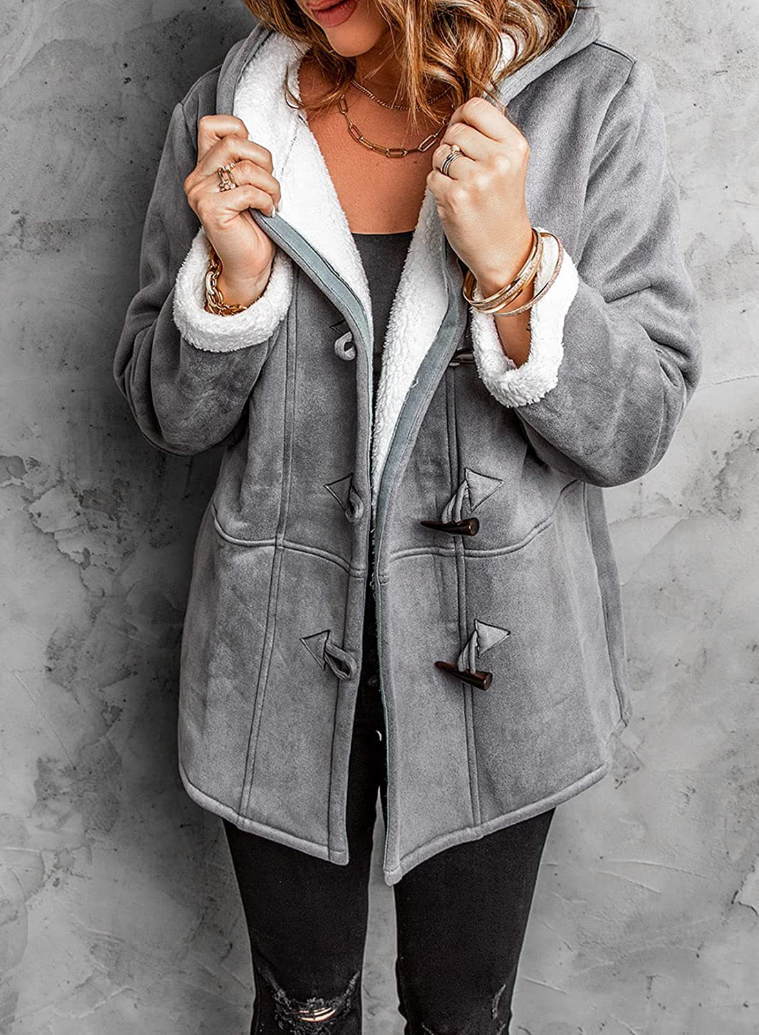 Régine Damen Wintermantel Kapuze Fleece Wildlederoptik - Eveloria