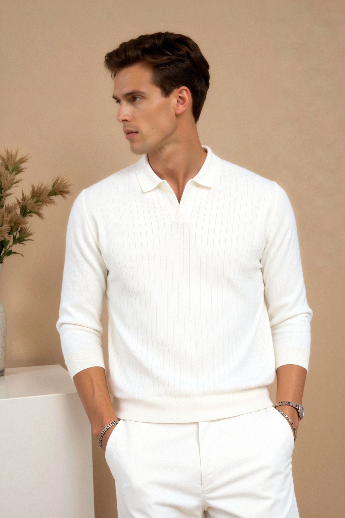 Herren Poloshirt Strick Elegantes Design Weiß
