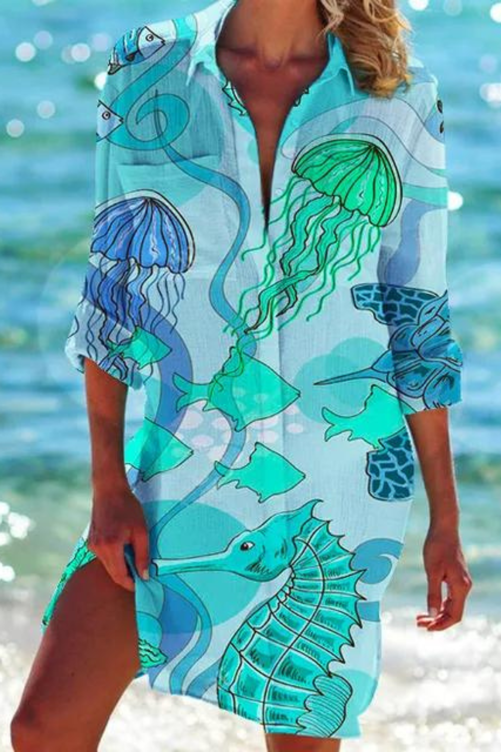 Eveloria Damen Strandbluse Meeresmotiv Lang