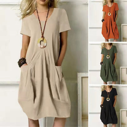 Damen Sommerkleid Rundhals Kurzarm Unifarben mit Taschen - Eveloria