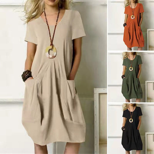 Damen Sommerkleid Rundhals Kurzarm Unifarben mit Taschen - Eveloria