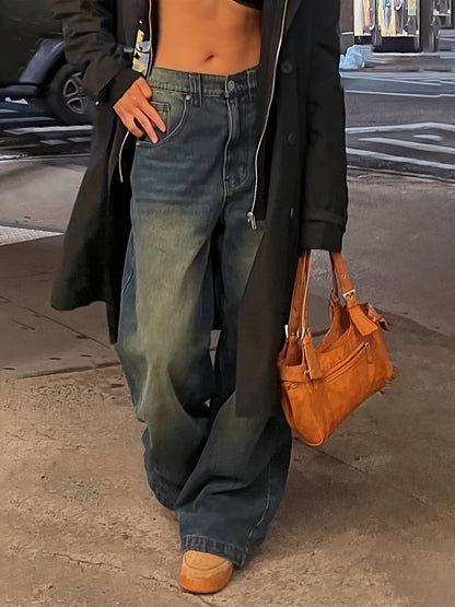 Damen Baggy Jeans Weites Bein Leicht Gewaschen Blau