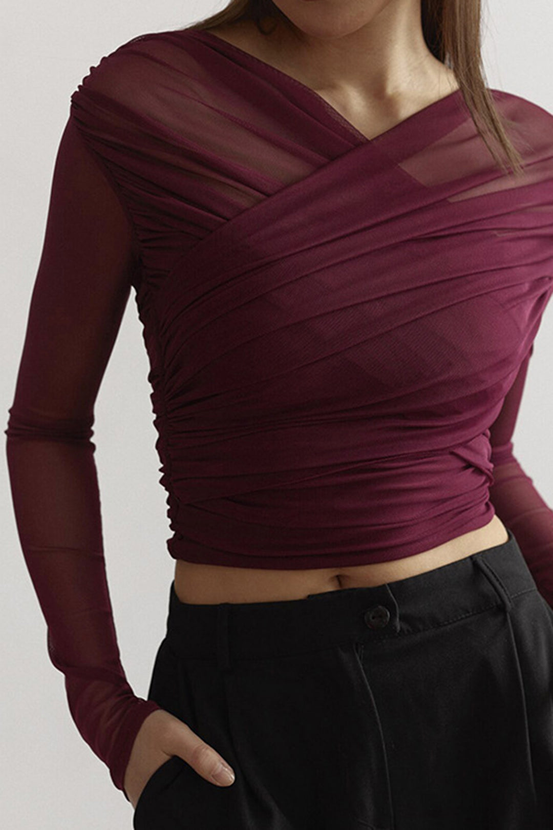 Damen Mesh-Oberteil mit Rüschen und langen Ärmeln - Eveloria