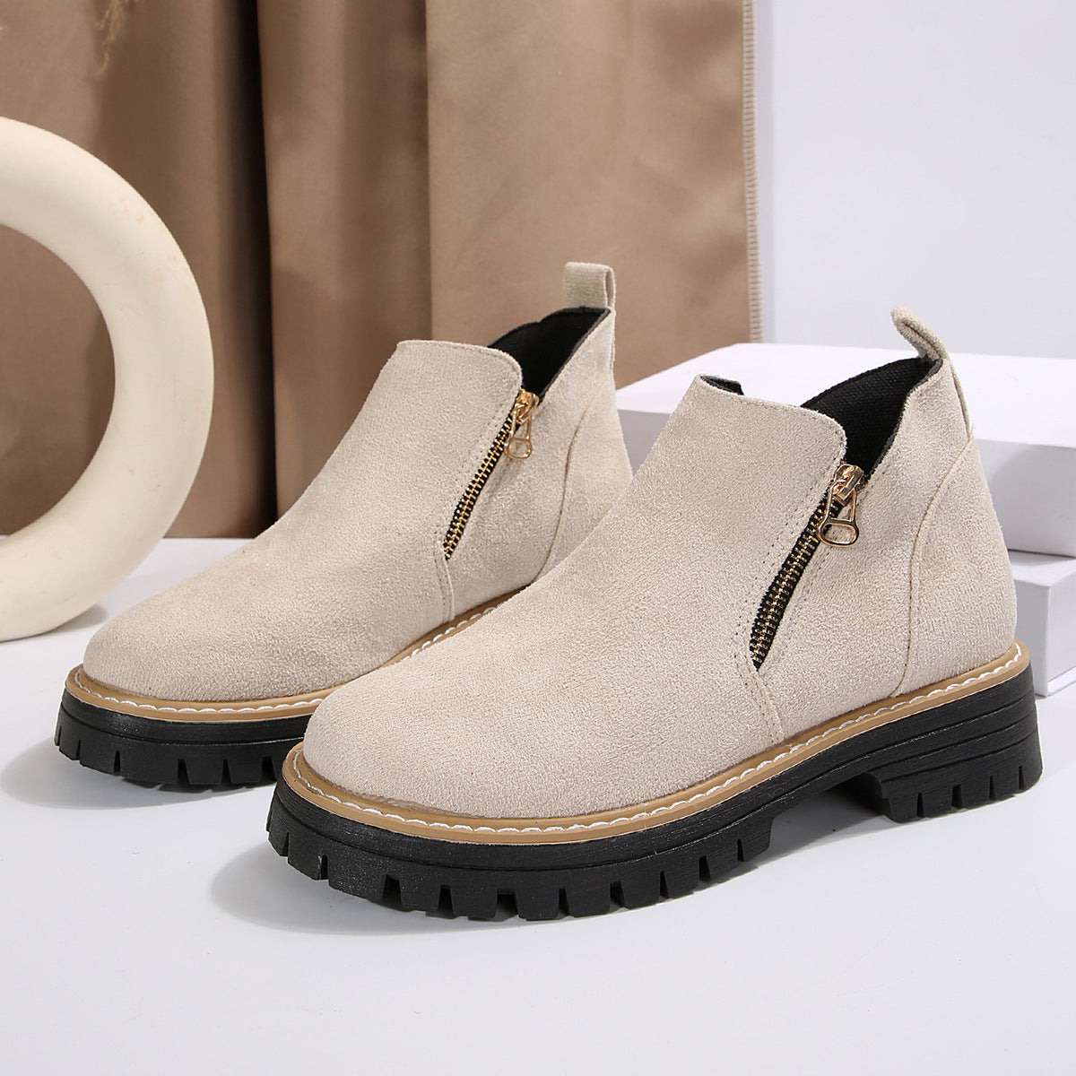 Damen Stiefeletten Reißverschluss Robuste Sohle