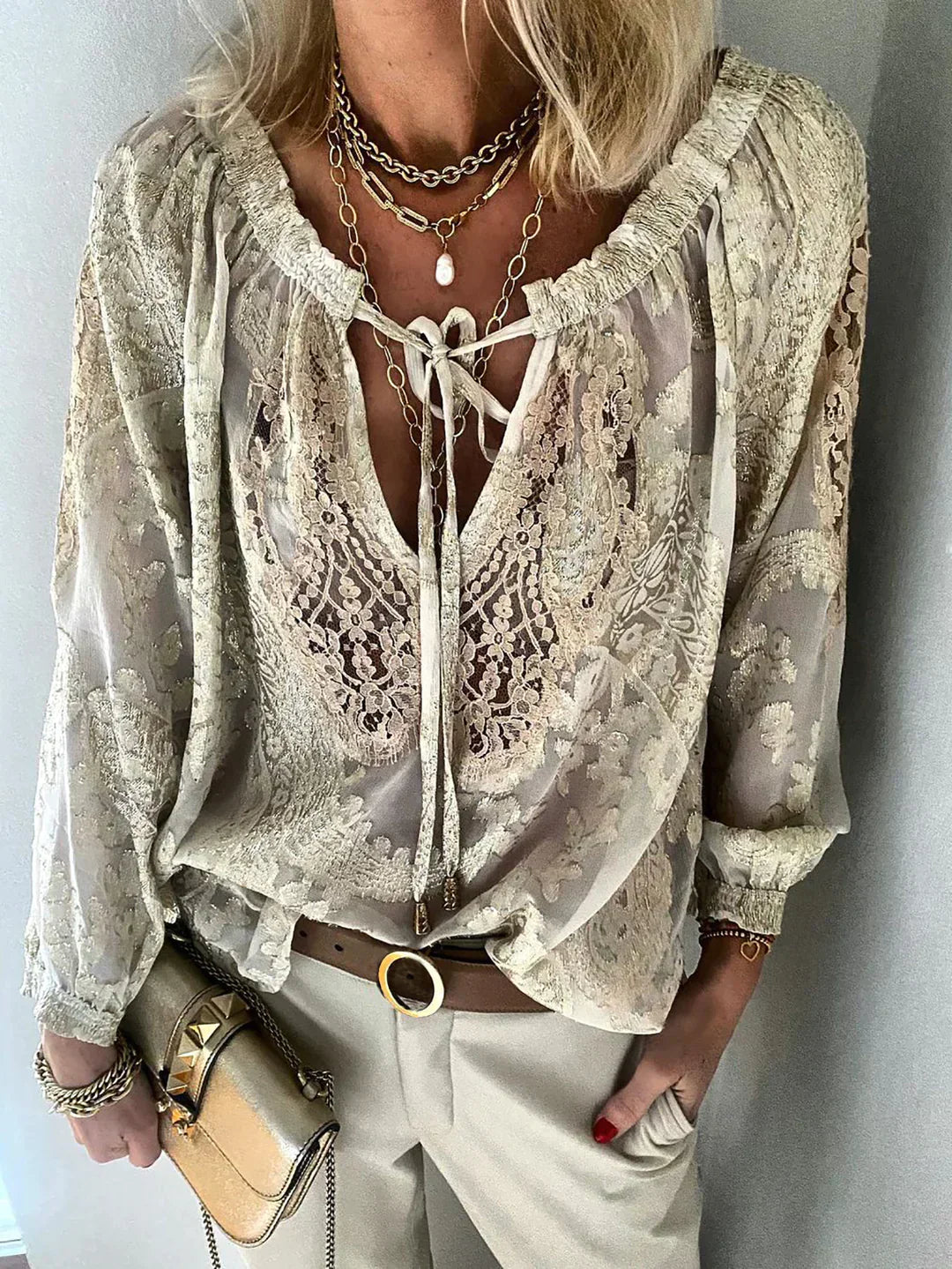 Eveloria Damenbluse V-Ausschnitt Spitze Chiffon
