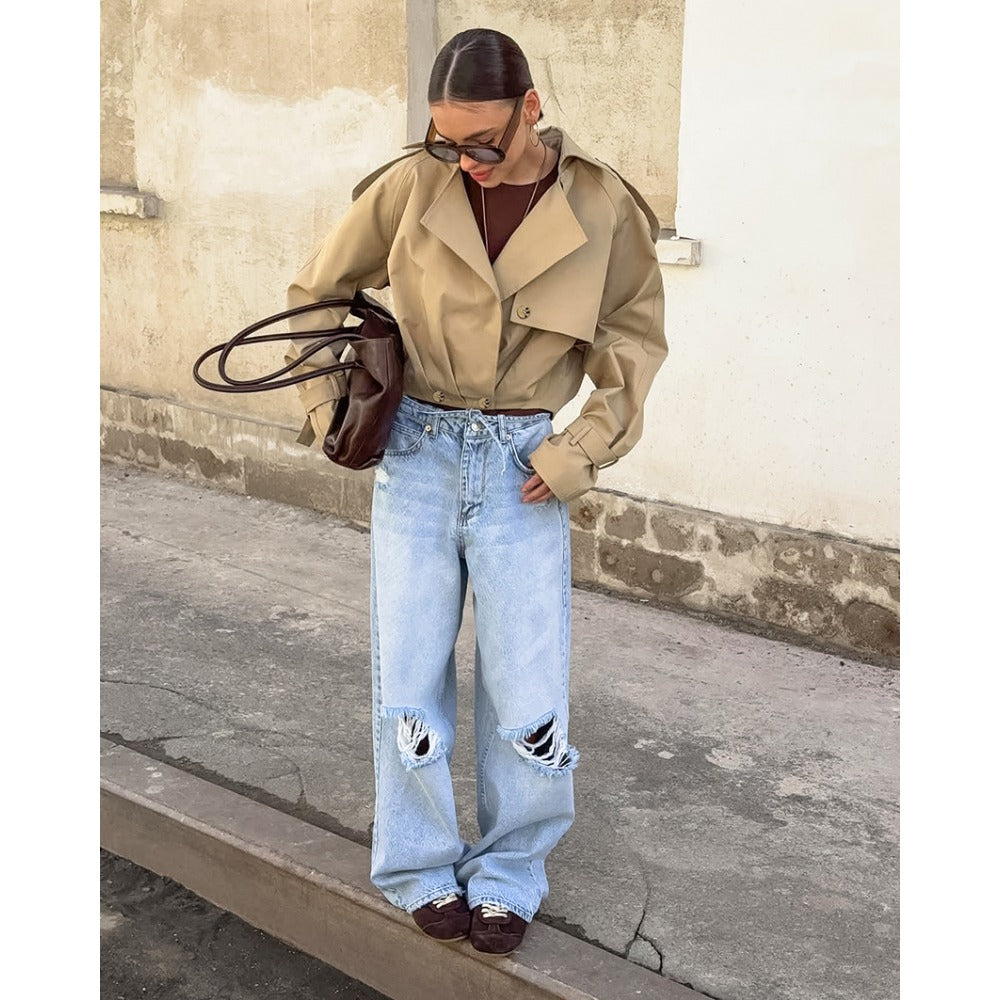 Damen Kurz-Trenchcoat Khaki Breiter Kragen