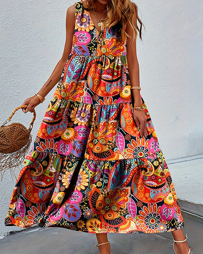 Eveloria Damen Ärmelloses Kleid Lockere Passform Lang Print