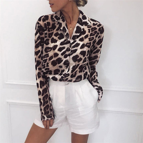 Damen Bluse Leopardenmuster Länge Ärmel Umschlagkragen