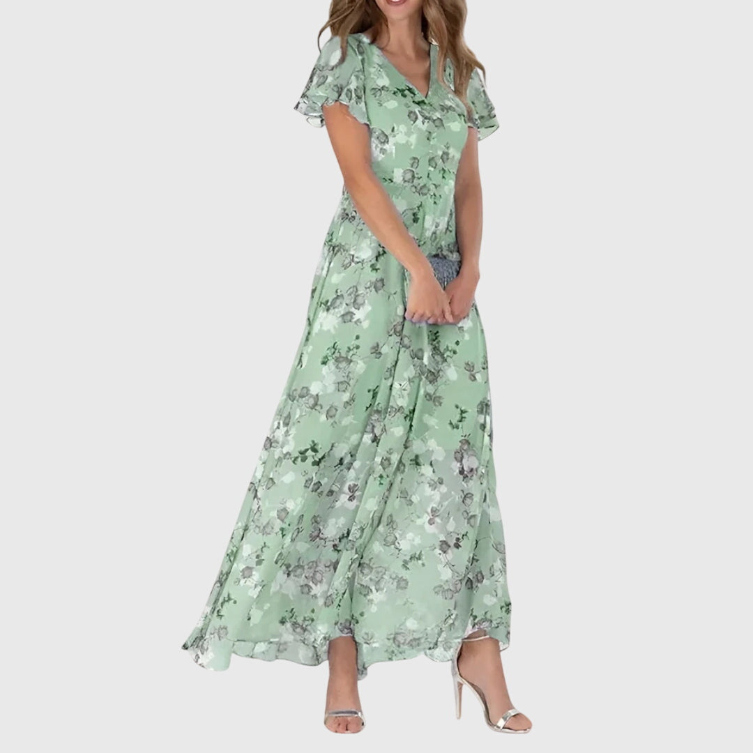 Damen Maxi Kleid V-Ausschnitt Blumenmuster