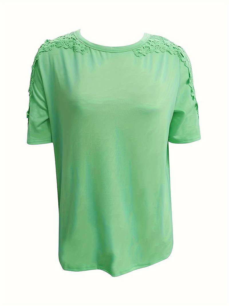 Eveloria Damen Rundhals T-Shirt Spitze Naht Einfarbig