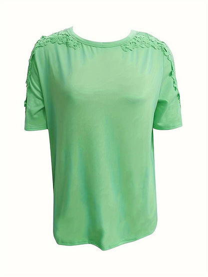 Eveloria Damen Rundhals T-Shirt Spitze Naht Einfarbig