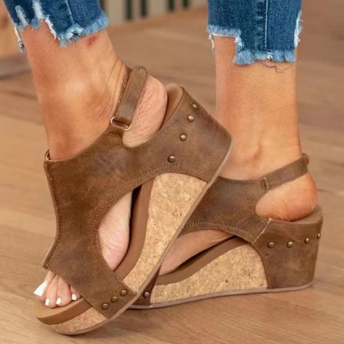 Damen Keilabsatz Sandalen Fischmund Plattform Leder
