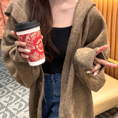 Damen Strickcardigan mit Kapuze Lang Ilaria