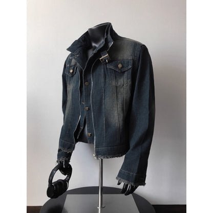 Dunkelblaue Jeansjacke Ausgefranster Saum Unisex
